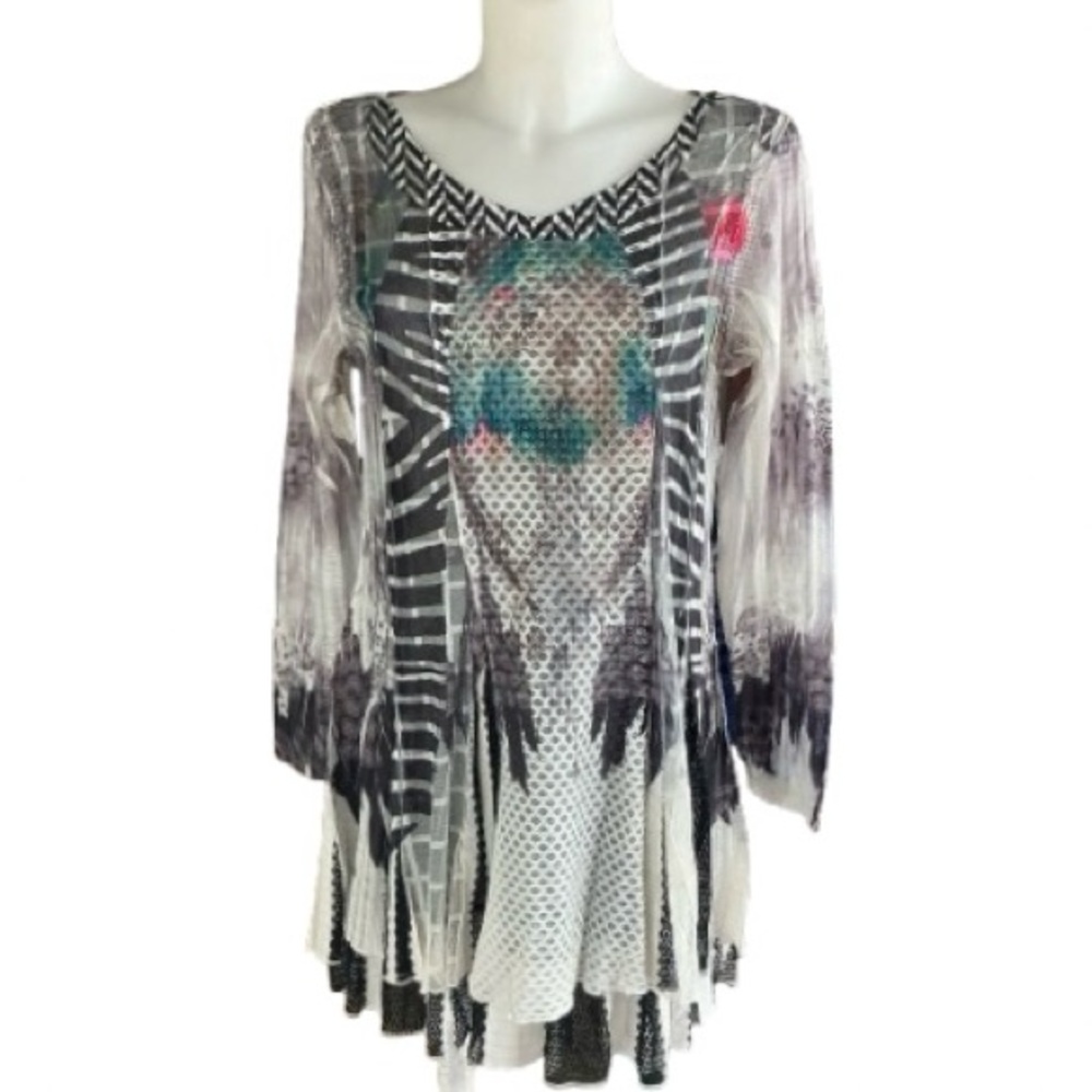 Funsport Mixed Media Print Layered Long Sleeve Mesh Tunic Dress XL